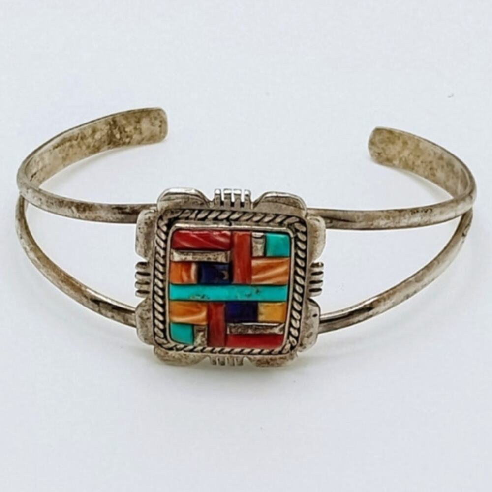 Sterling Silver Cuff with Natural Stone Mosaic Design